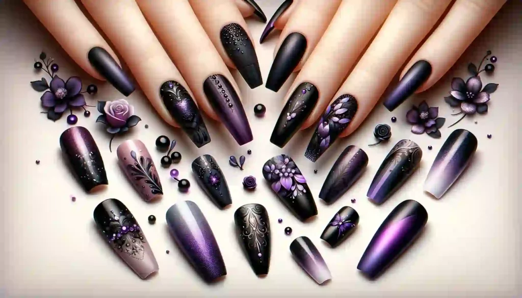 Nail Art Black and Purple Simple and Short
